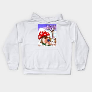 Bookworms mushroom - Snow covered mushroom covering Little bookworm angel boy cherub reading a book - tranquil winter scenery Kids Hoodie